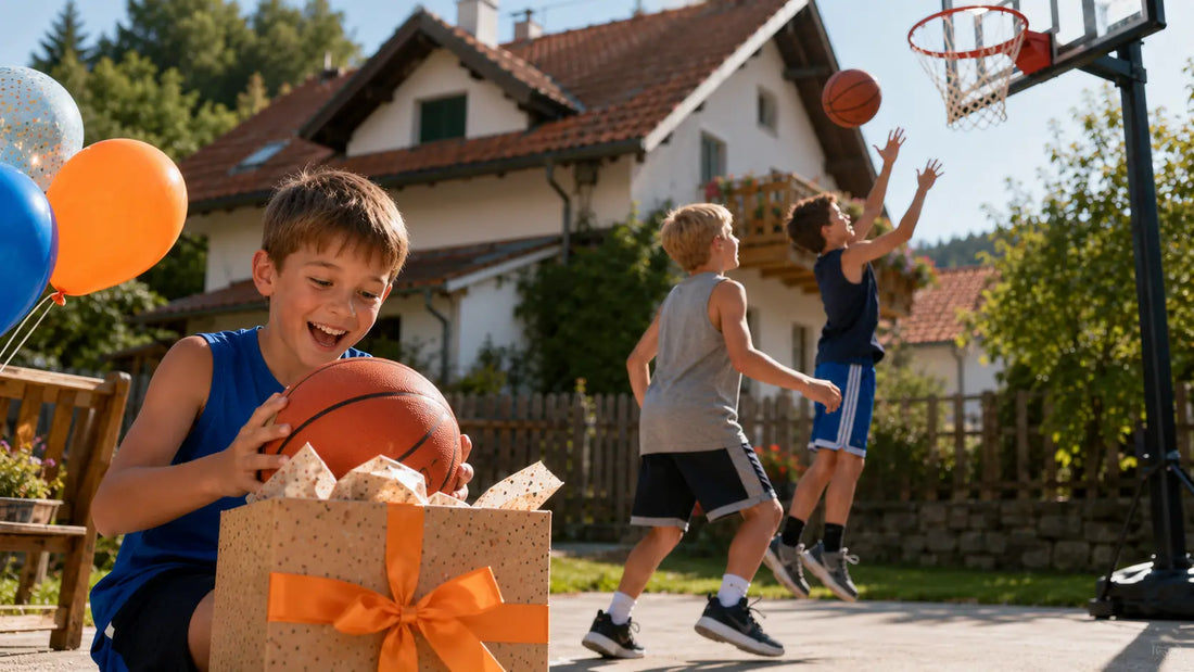 Happy child opening a basketball birthday gift while kids play basketball outside.