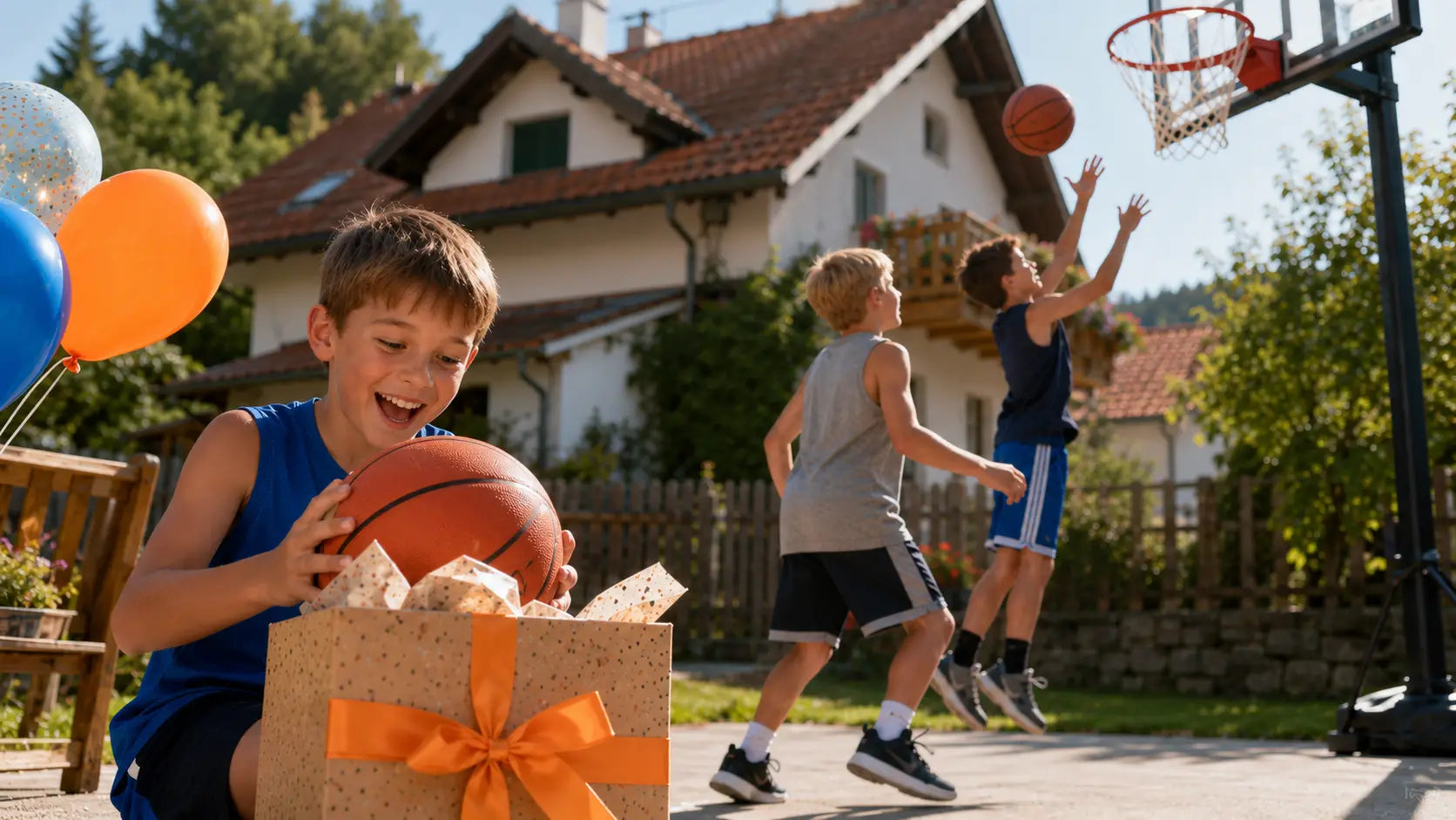 Happy child opening a basketball birthday gift while kids play basketball outside.