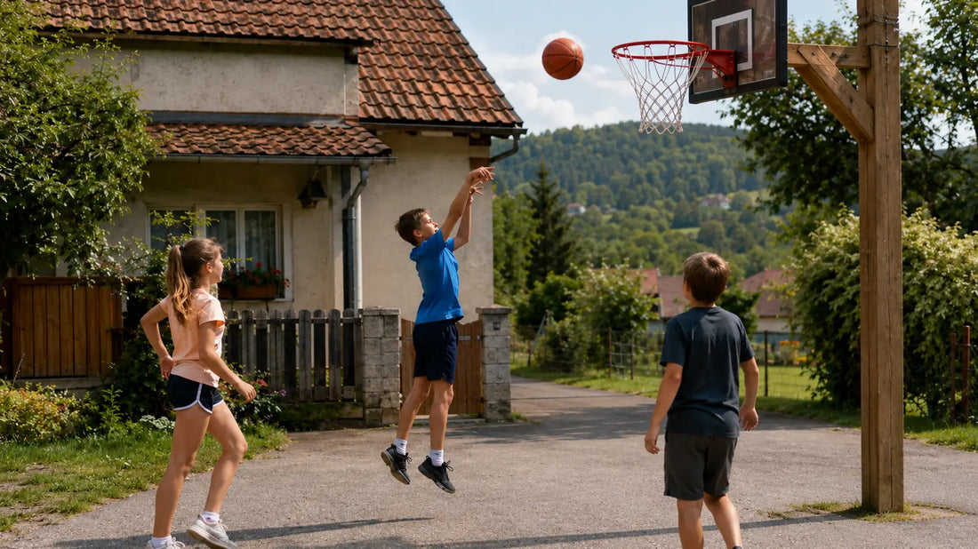 Children playing basketball outside in a Slovenian-style backyard with a wooden hoop during summer.