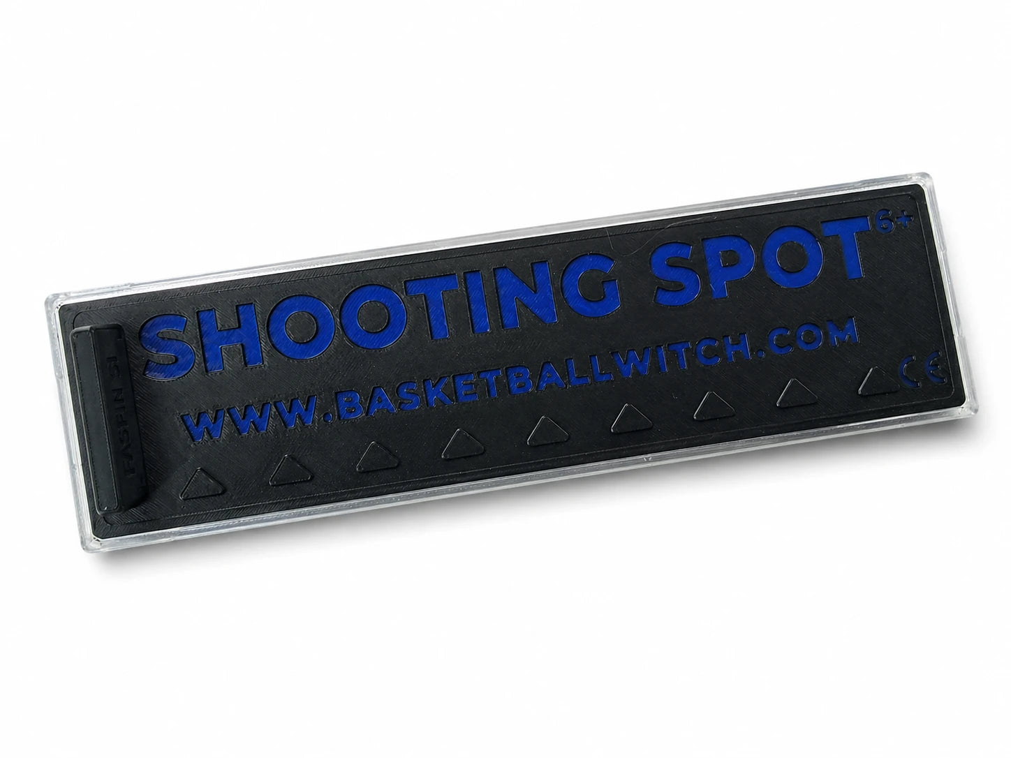 Rectangular black Shooting Spot Marker with blue text 'SHOOTING SPOT' and website URL on a white background.
