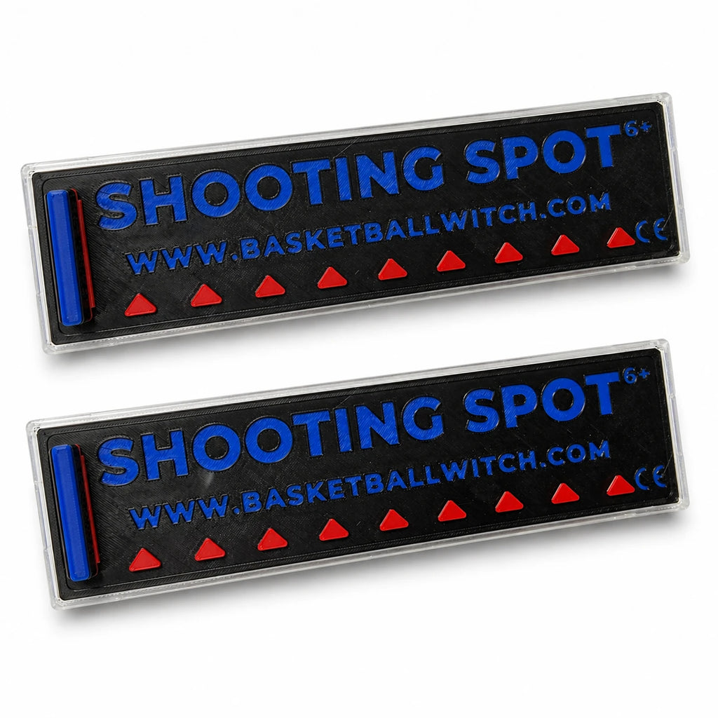 Two 'Shooting Spot' basketball training markers on a white background
