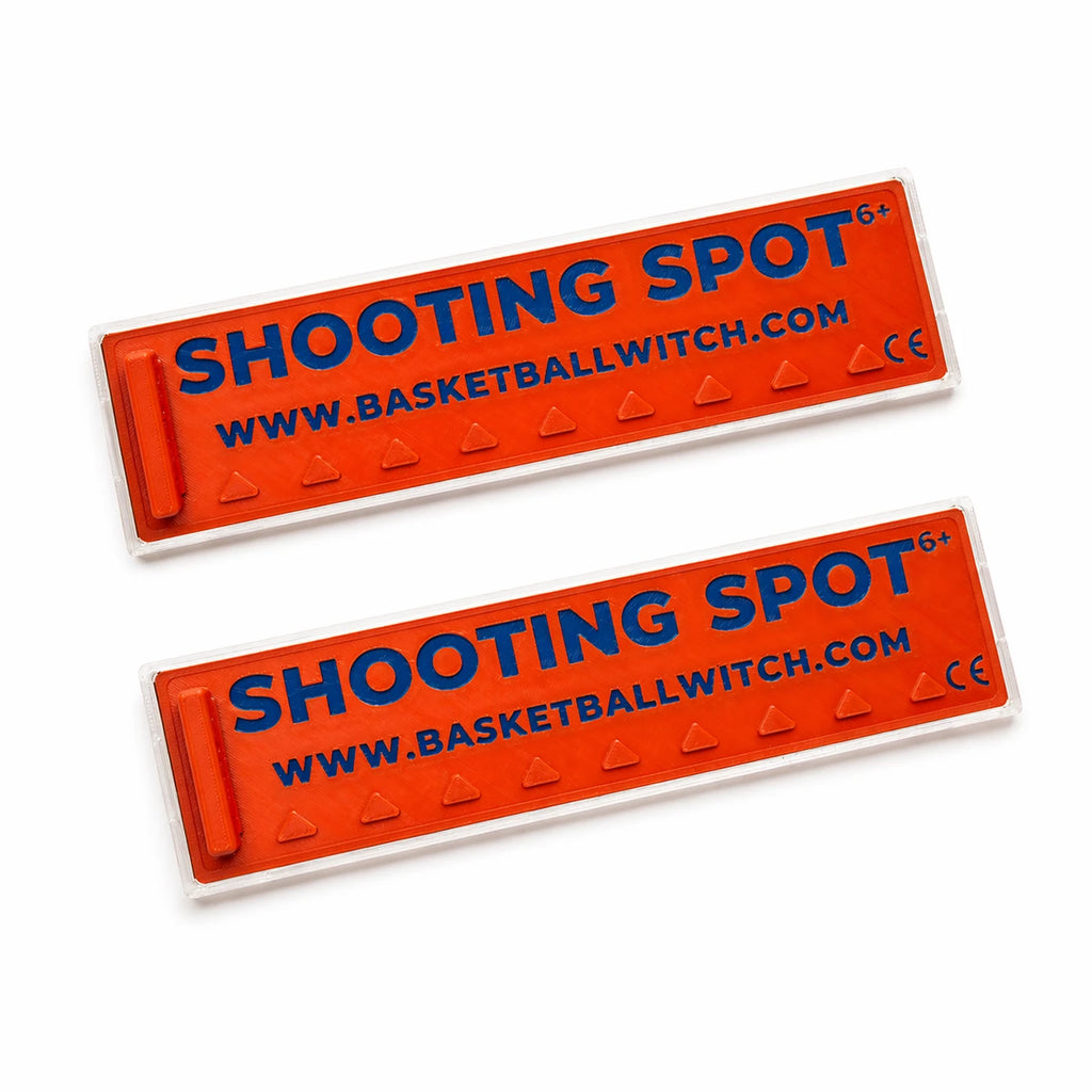 Two red Basketball Witch Shooting Spot Markers with Anti-Slip Case with blue text on a white background