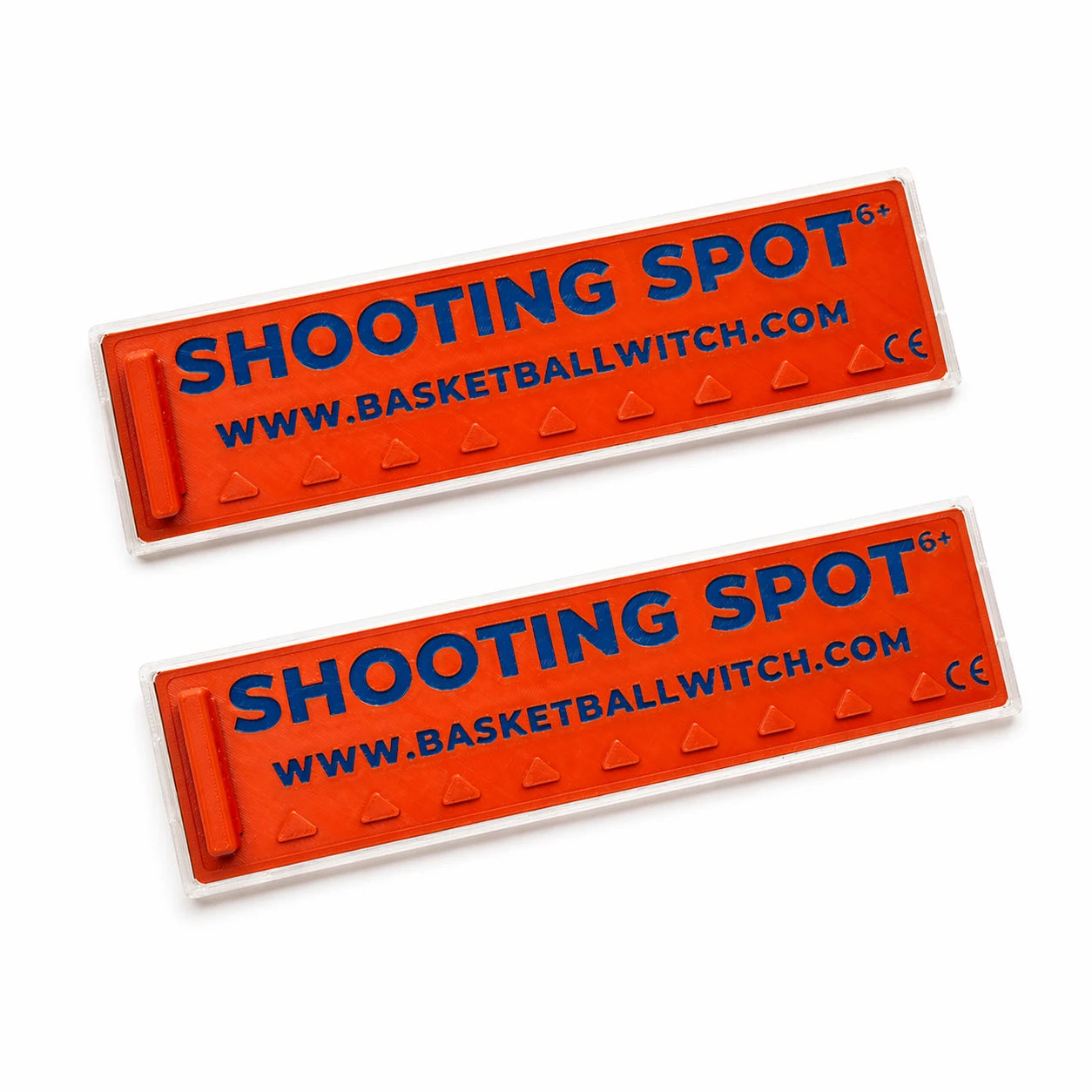 Two red Basketball Witch Shooting Spot Markers with Anti-Slip Case with blue text on a white background