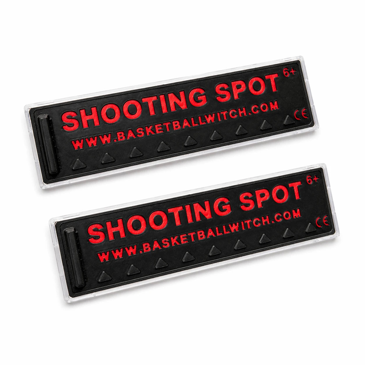 Two black rectangular Basketball Witch Shooting Spot Markers with Anti-Slip Case with red text and a website URL on a white background