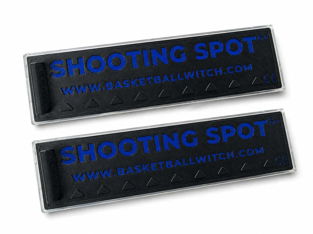 Two black Shooting Spot Markers with blue text and triangle patterns on a white background
