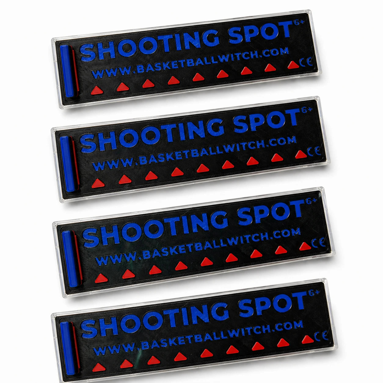 Four 'Shooting Spot' basketball markers with blue text and red triangle pattern on a white background.