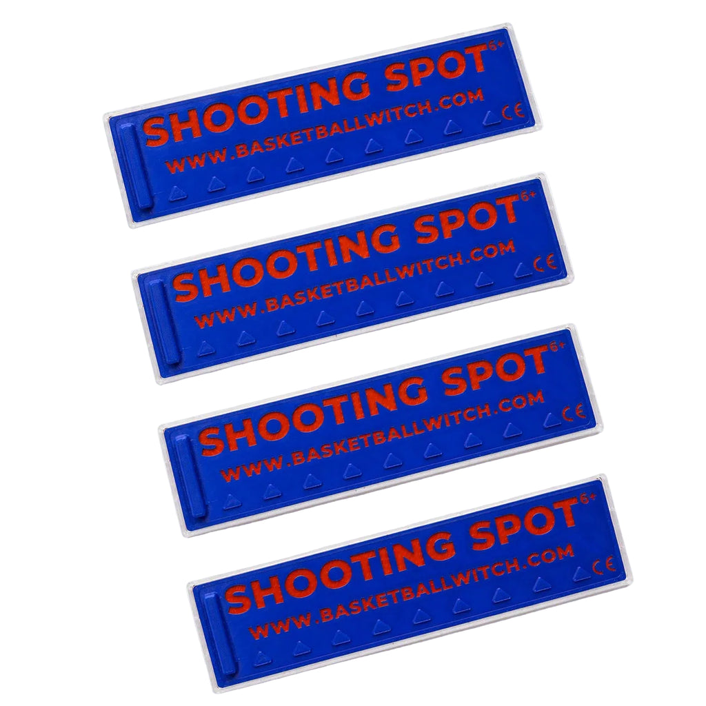 Four blue and red Basketball Witch Shooting Spot Markers on a white background