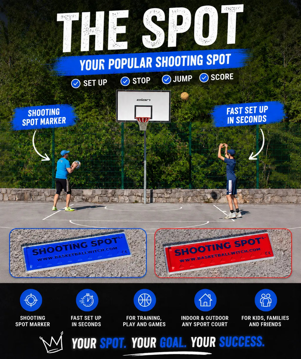 Basketball shooting spot with two players and promotional text on a court.