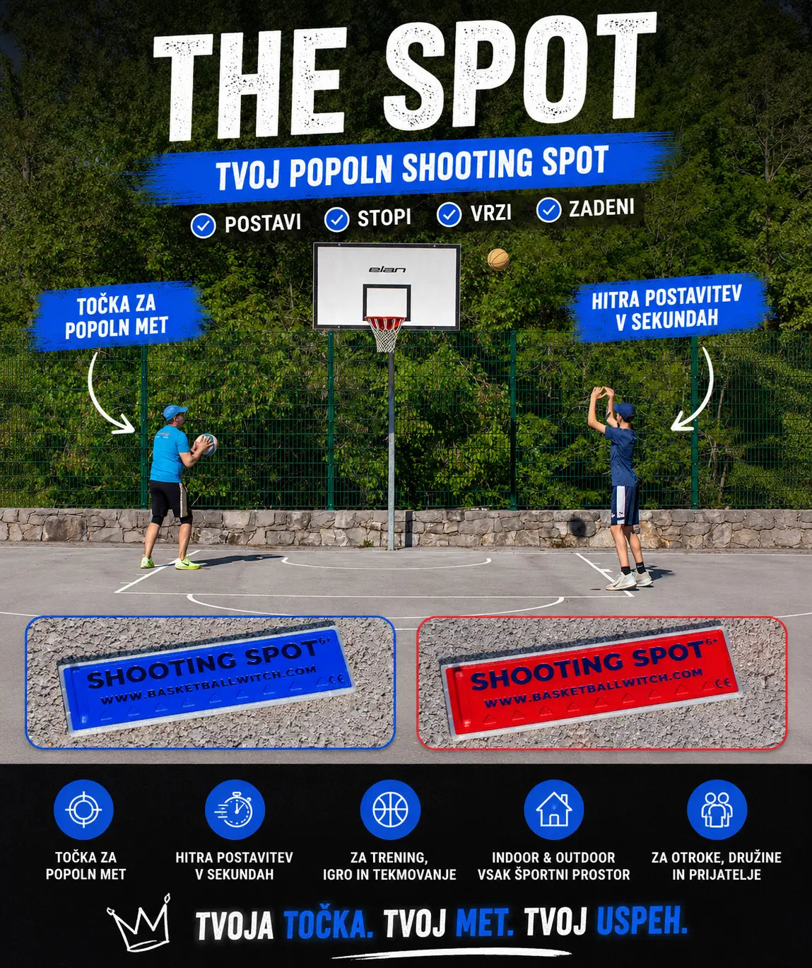 Basketball shooting spot with two players and promotional text on a court.