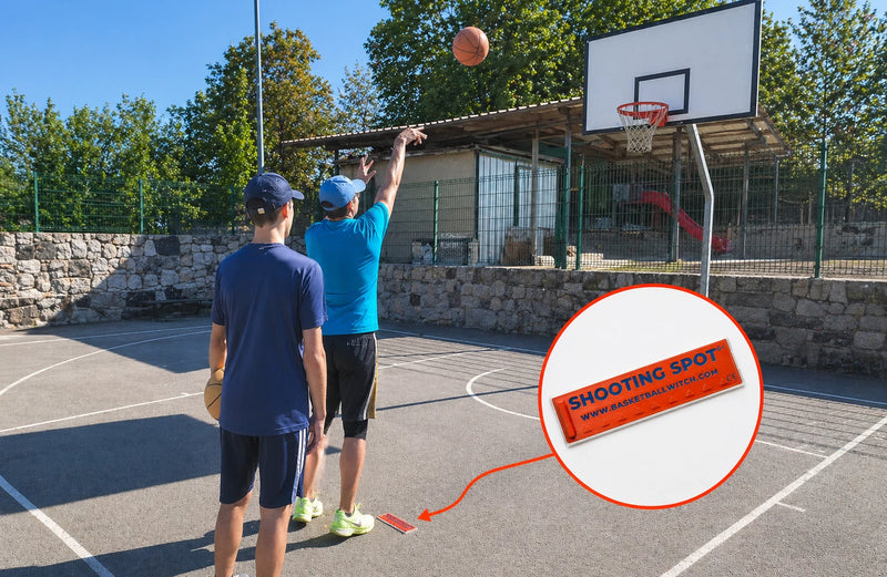 Two people playing basketball on an outdoor court with a Shooting Spot Marker inset.