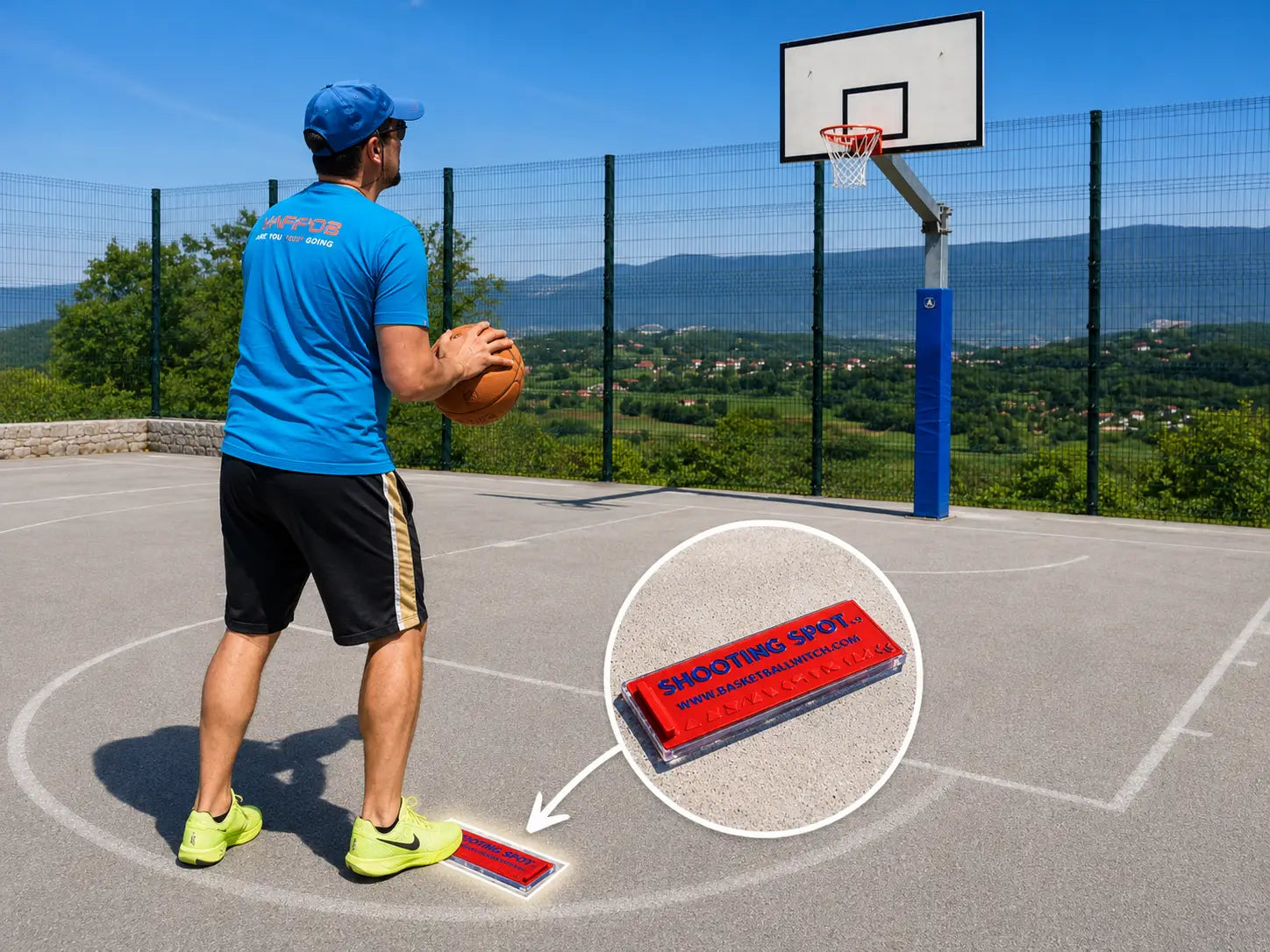 Person holding a basketball on an outdoor court with a close-up of a shooting spot marker.