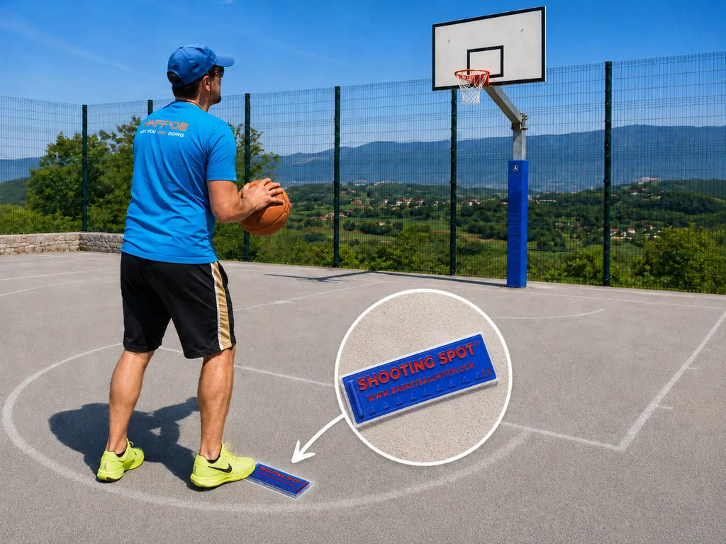 Person holding a basketball on an outdoor court with a scenic background