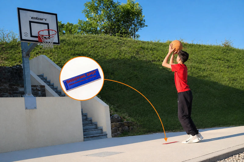 Child playing basketball outdoors with a hoop and a product Basketball Witch Shooting Spot Marker in the foreground.