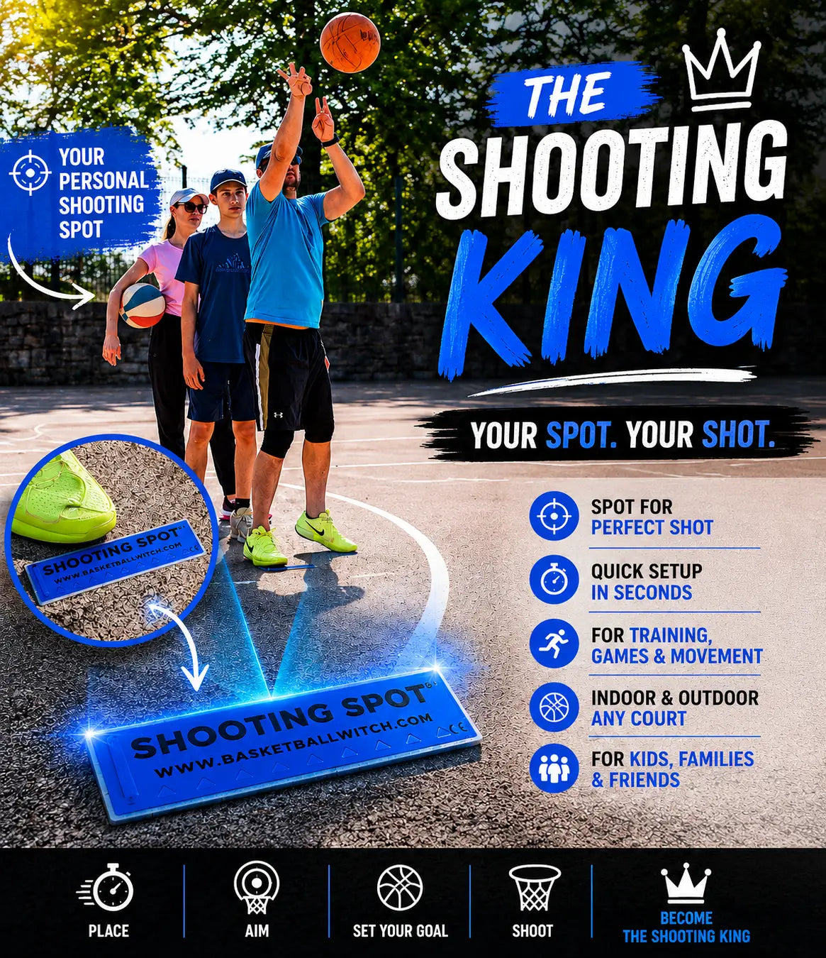 Basketball Witch Shooting Spot Marker for basketball shooting drills, active movement games and family competition outdoors.